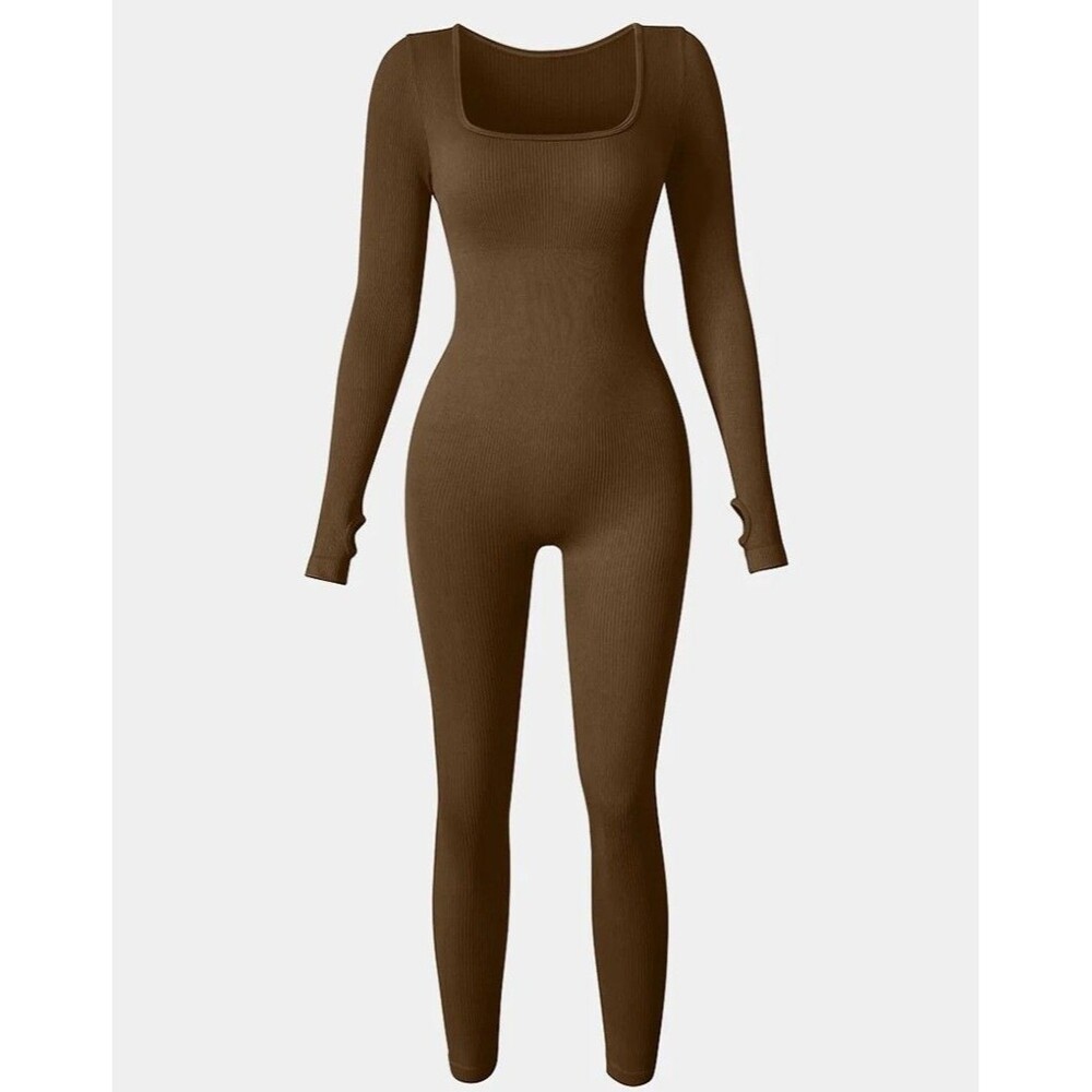 OQQ Long Sleeve Sport Jumpsuit L Ribbed Workout Yoga Coffee Brown Tummy Control